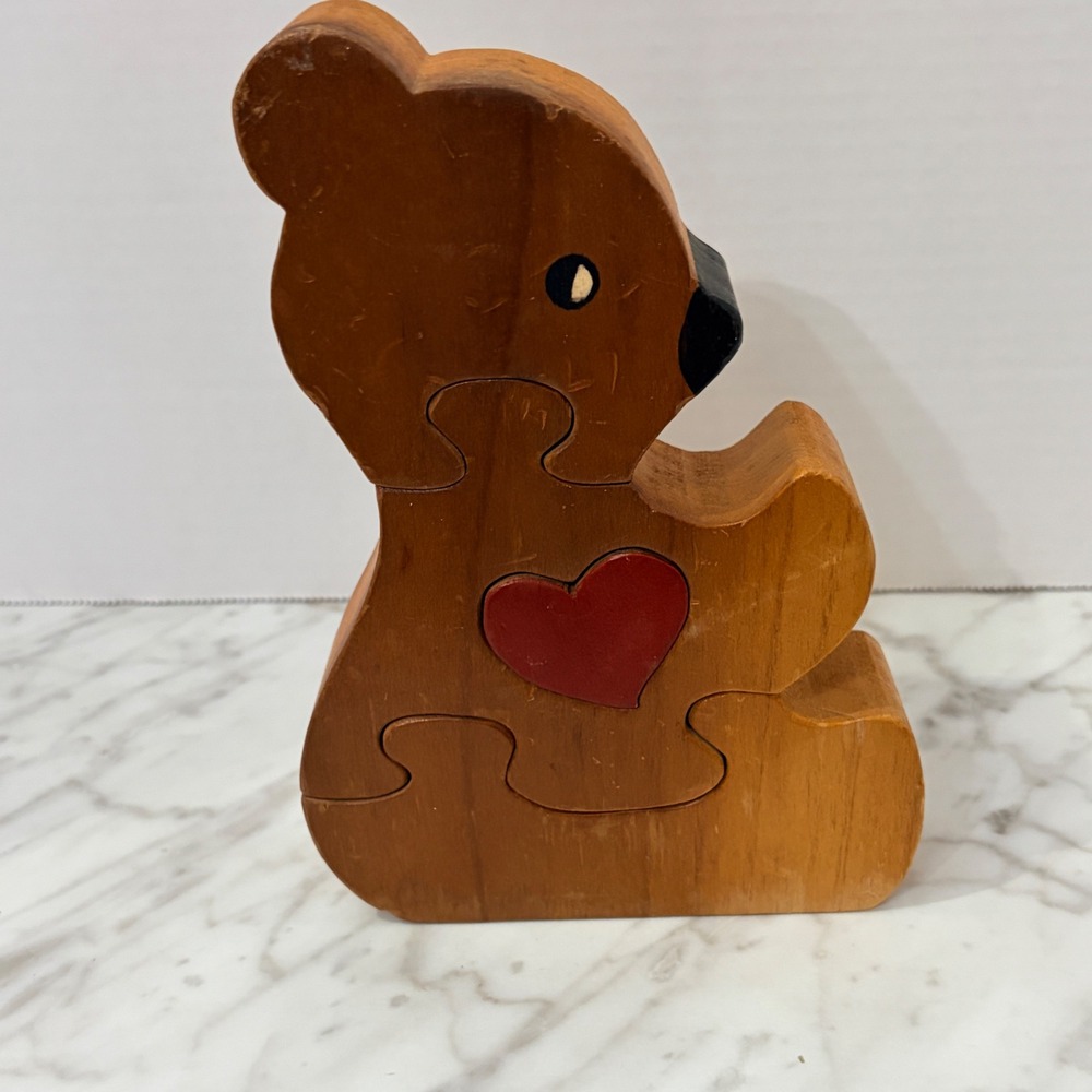 Vintage Handcrafted Wooden Teddy Bear 3D Puzzle Standing Shelf Sitter Red Heart